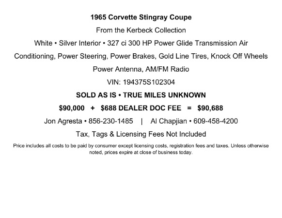Used 1965 Chevy Corvette Stingray Coupe from the Kerbeck Collection for sale $90,000 at F.C. Kerbeck Aston Martin in Palmyra NJ 08065 3